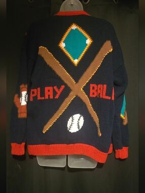 Vintage Accento Hand Knit Peru Baseball Cardigan Sweater — "Play Ball" — Size M